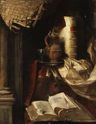 Naturaleza muerta con libros antiguos, jarra y copa de vino